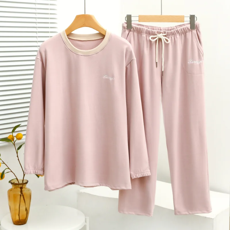 Winter Women Home Clothes Pajamas Toothpick Strips Velvet Round Neck Contrast Deep Pocket Long 2-piece Set Sleep Wear Sleepwear