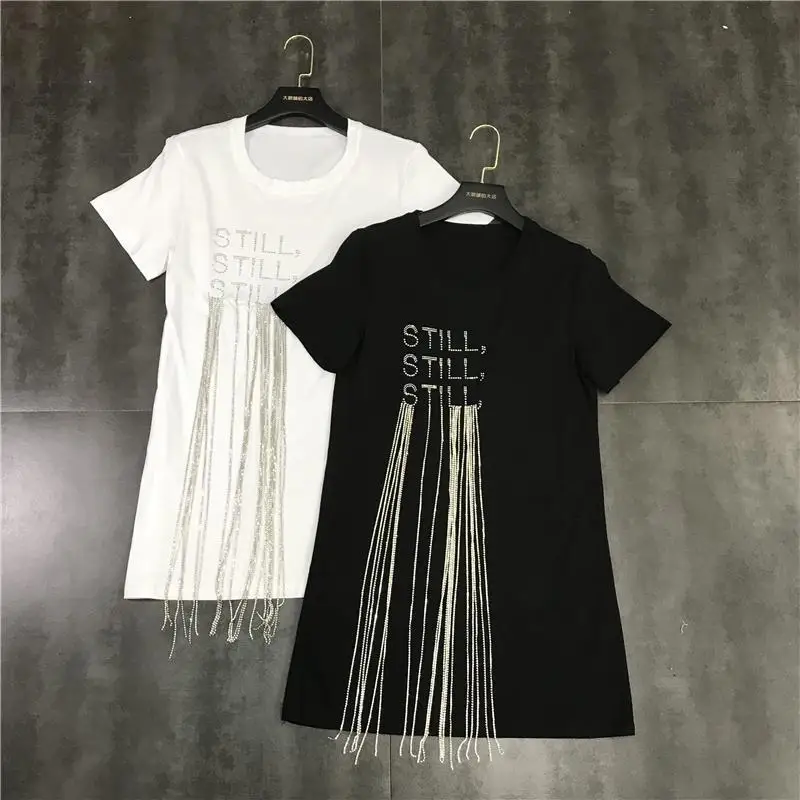 

Harajuku Spring Letters Rhinestone Hot Drilling Tassels Tees Long Fringed Beaded T-shirts Dress Jumpers Crop Tops Vestido Mujer