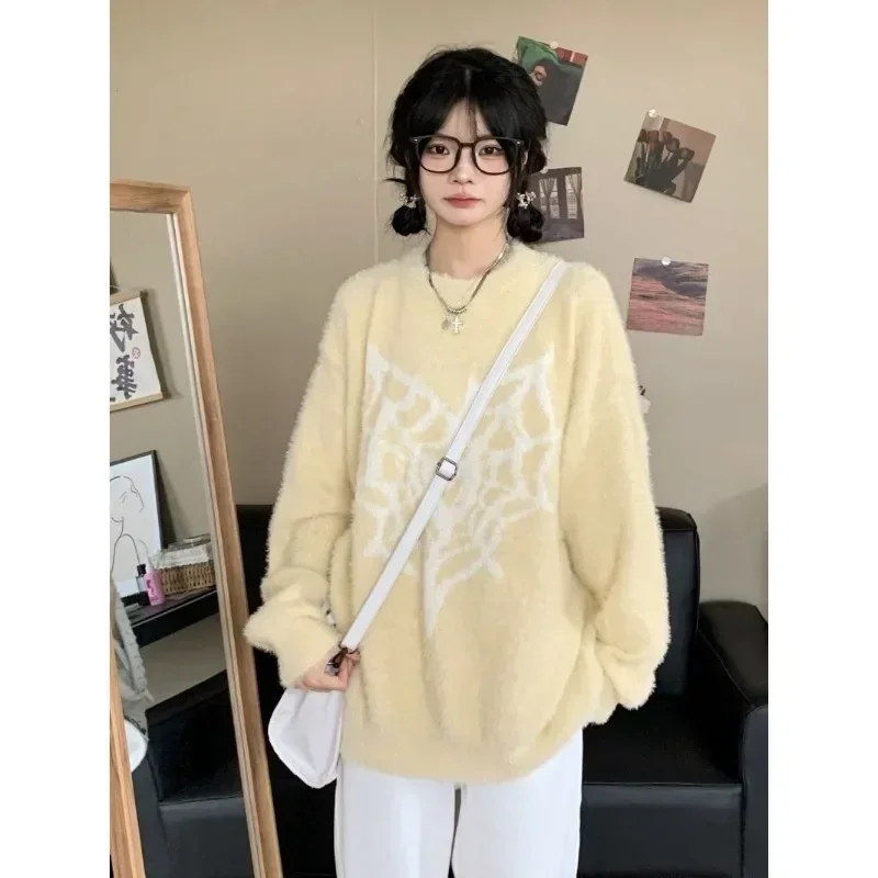 Винтажные вязаные свитера Y2k с принтом паутины и круглым вырезом длинными