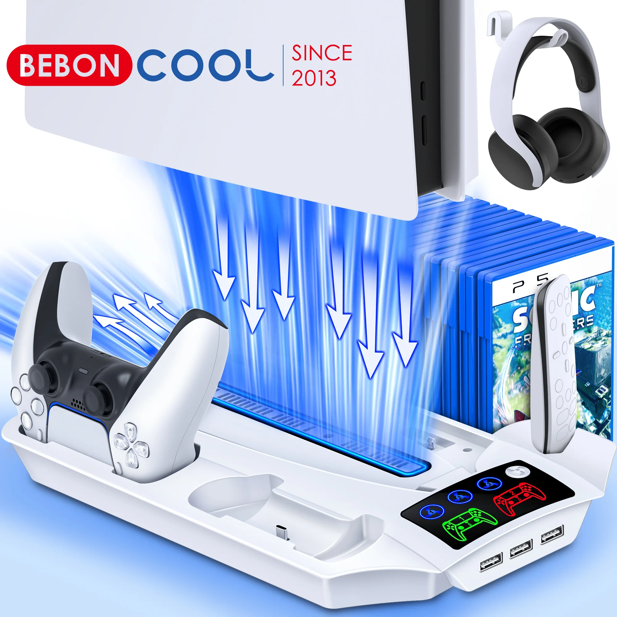

Вертикальная охлаждающая подставка BEBONCOOL для консоли PS5, охлаждающий вентилятор с двумя дисками для Playstation 5 и цифровыми версиями ps5