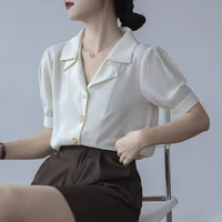 qoerlin fashion notched collar puff sleeve blouse summer women clothing wholesale single breasted tops shirts white office wear