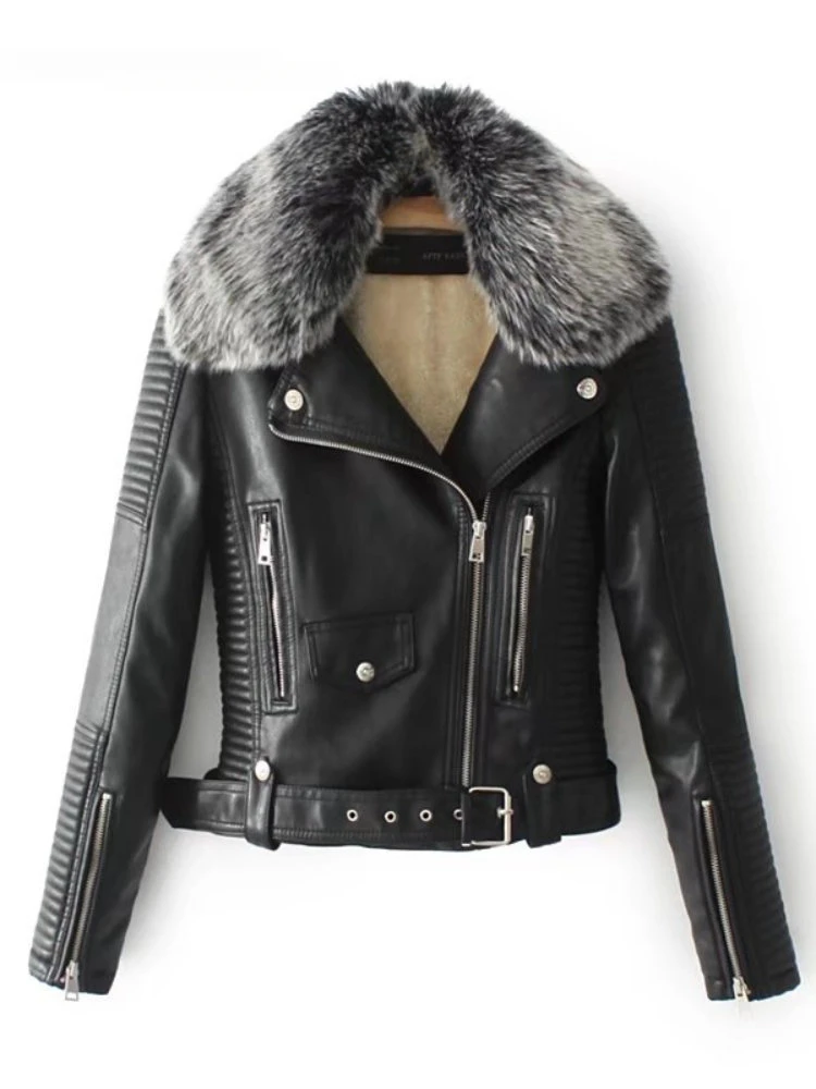 

Autumn and Winter 2023 Women's New Solid Short Belt Wool Collar Motorcycle Leather Coat Plush Leather Fur Winter Jacket Women