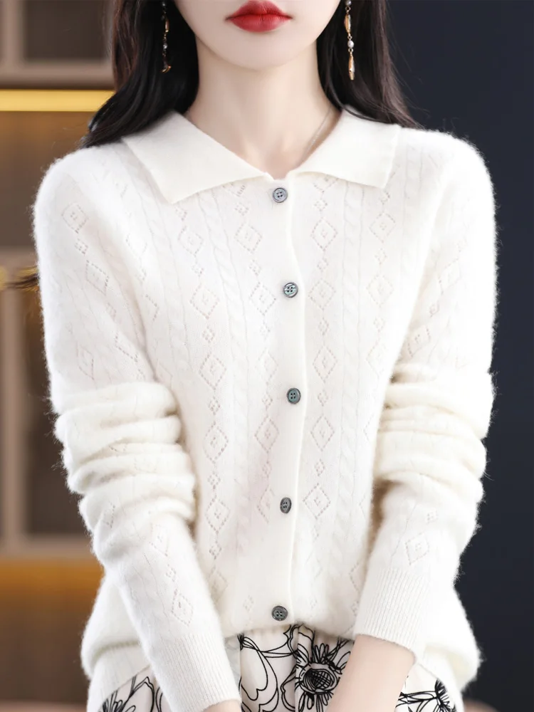 

Cashmere Sweater Spring Autumn Woman's Sweaters Hollow Coats Female Cardigan Long Sleeve Turn-Down Collar 100% Wool Knitted Tops