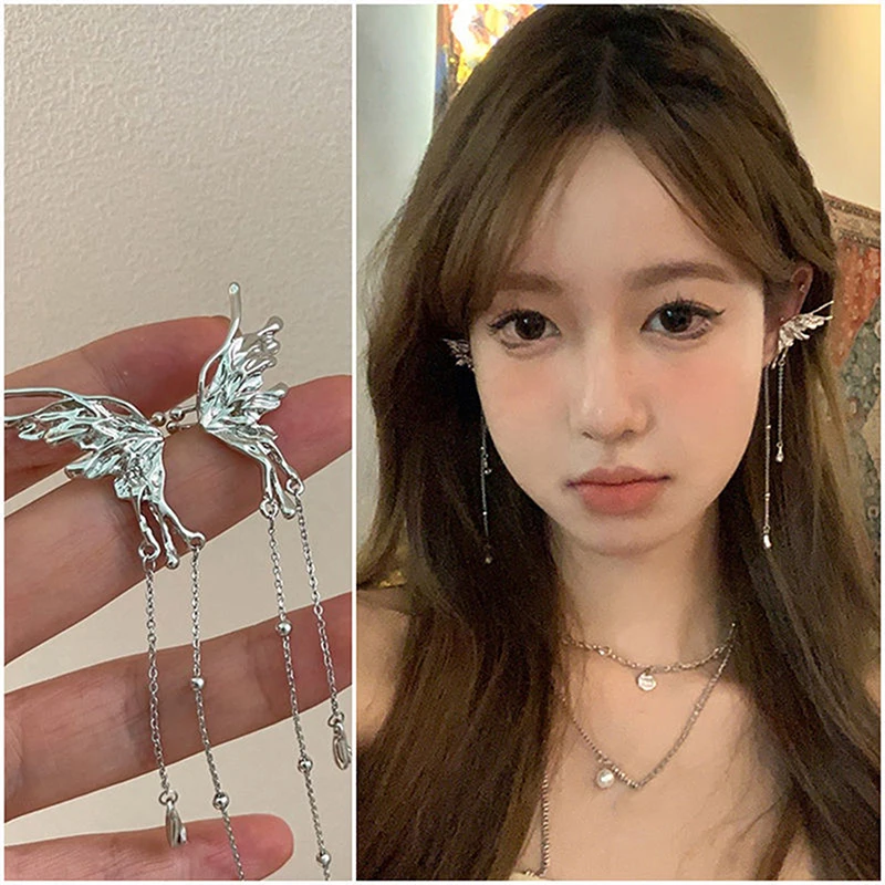 

Y2K Fairy Butterfly Tassel Ear Clips Angel Ear Bone Clip Earring Elf Female No Ear Hole Ear Cuff Hanging Earring Fashion Jewelry