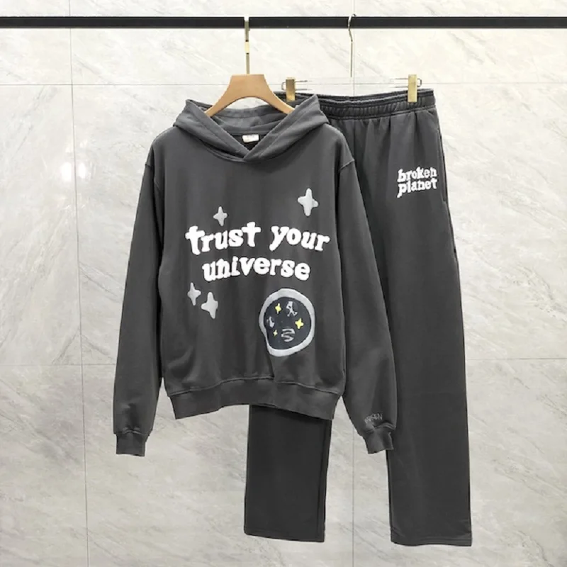 

Hiphop Street Broken Planet Hoodies Set Couple Clothing Foam Letter Print Hooded Pullover Men Women Oversized BP Sweatshirts