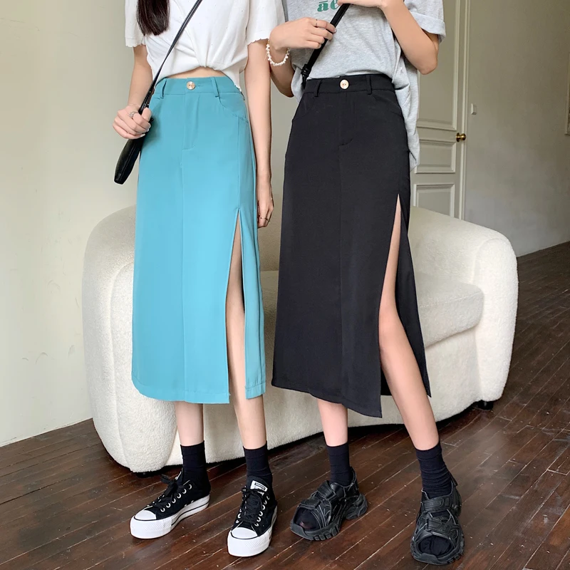 

Split Suit Skirt Women High Waist Elegant Midi Straight Skirts Chic Button Korean Office Lady Blue Black Slim Skirts Casual N463
