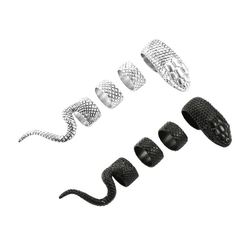 

41XF 4pcs Goth Punk Snake Rings For Women Men Hip Hop Rock Silver Black Rings Set Emo Snake Jewelry Accessories Egirl Gift