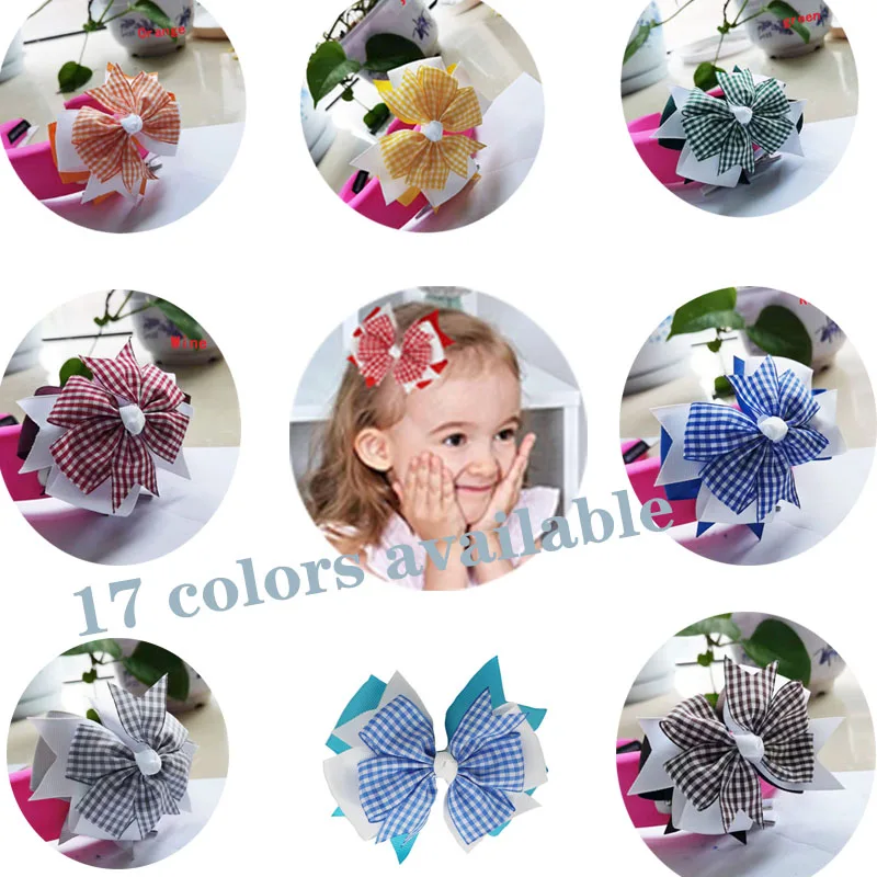 

6Pcs/ Stacked Gingham Bows British 4.5" Hair Bows with Clips Plaid Hairpin Checkered Hair Accessories for Baby Girls Christmas
