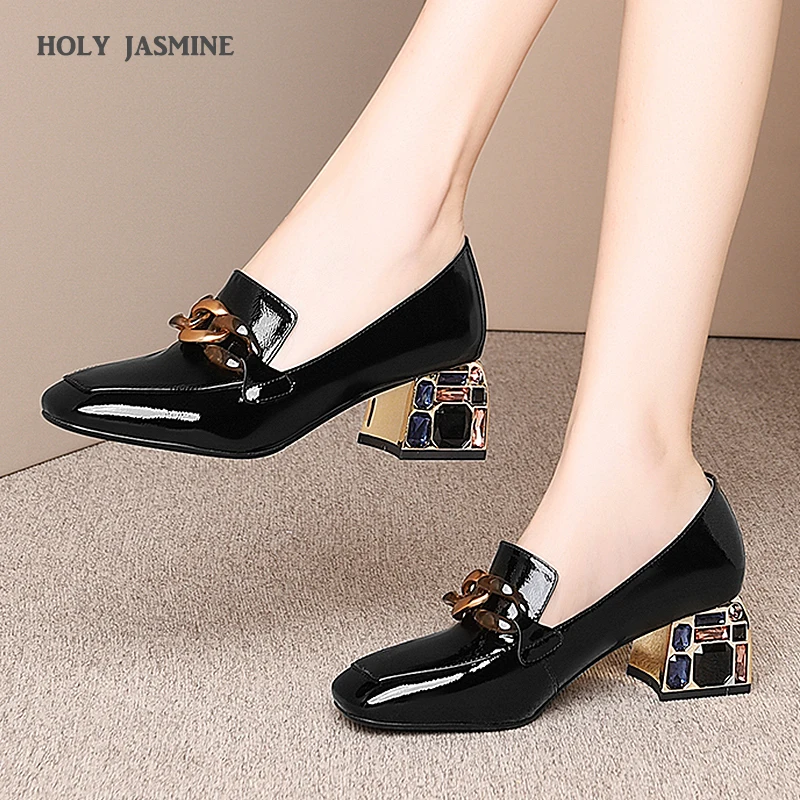 

2020 New Fashion Women Pumps Spring Summer Chain High Heels Party Shoes Woman Genuine Leather Female Brand Prom Shoes Loafers