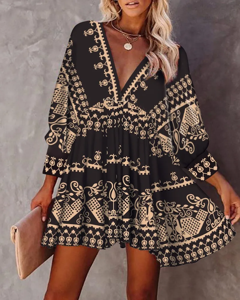 

Tribal Print Dress V Neck Summer Spring Sexy Loose Long Lantern Sleeve Swing Party Evening High Waist Mini Dress