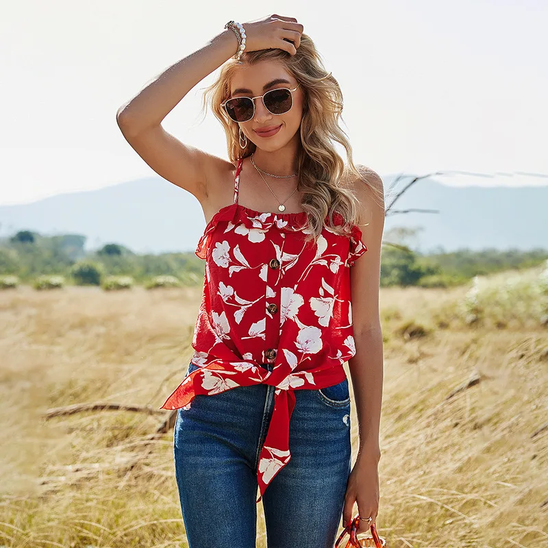 

New Cottagecore Aesthetic Clothes Fashion Ruffles Camisole Summer Sexy Red Floral Camisole Women Single Breasted Sleeveless Tops