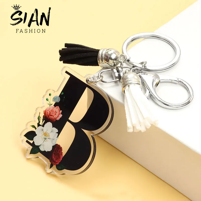 

Fashion A-Z Initial Letters Acrylic Keychain Flower Alphabet Pattern Keyring Black White Tassel Key Chain Car Key Accessories