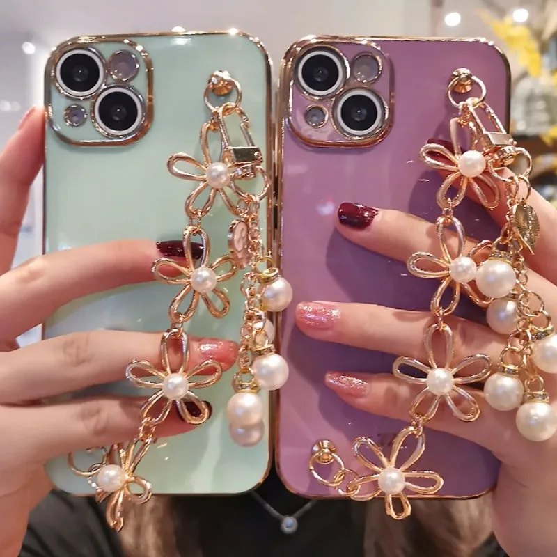 

Шикарный чехол для телефона с 3D жемчужинами и цветами, золотым покрытием для iphone 14 12 Pro Max MiNi 11 13 Pro X XS XR 6 S 7 8 Plus 12Pro SE