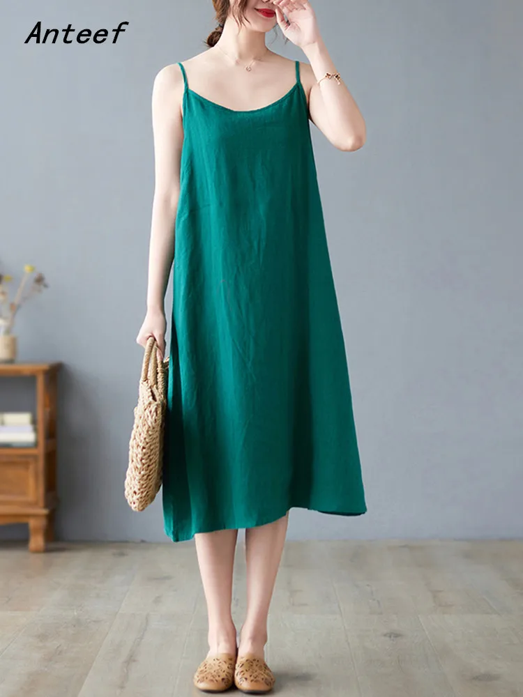 

Anteef винтажные платья без рукавов из хлопка и льна для женщин, повседневное свободное летнее платье миди, элегантная одежда, 2022