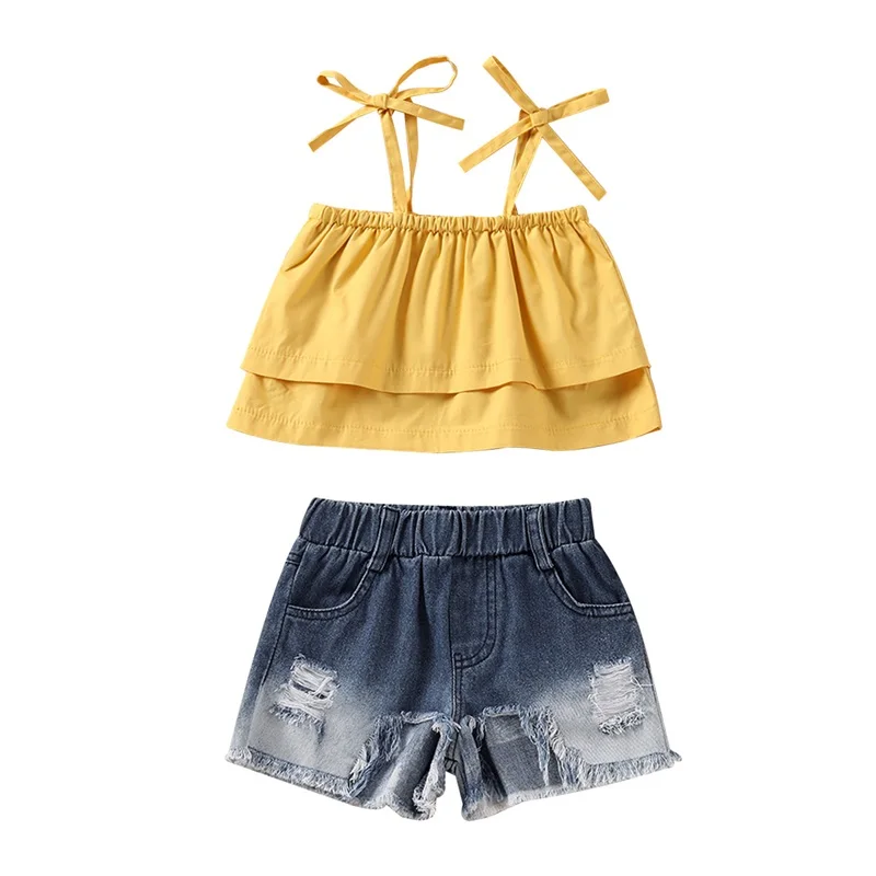 

Kid Child Girl Shorts Set Shoulder Strap Solid Color Elastic Tops Camisole Ribbed Short Kids Clothing
