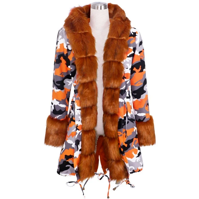 Women Faux Mink Fur Collar Arctic Fleece Parkas Long Camouflage Jackets Clothing Winter Coats Female Casual Hooded Coat Overcoat