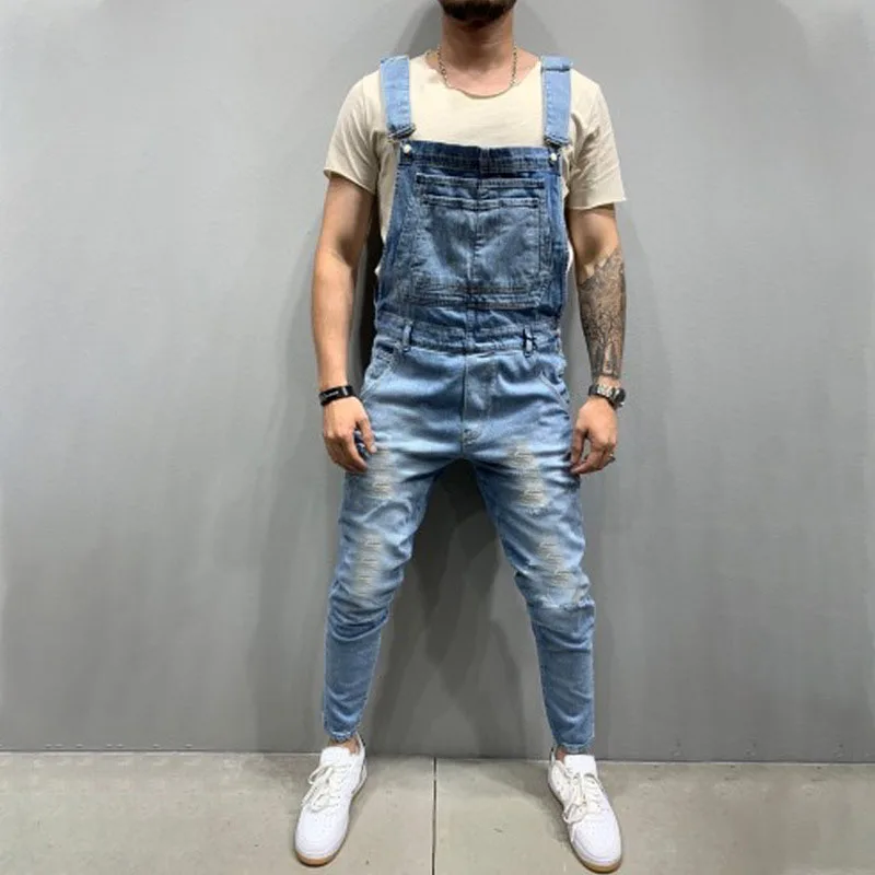 

Light Blue Ripped Jeans Jumpsuit Men Fashion Sleeveless Distressed Denim Overalls Male Casual Loose Suspender Straight Leg Jeans