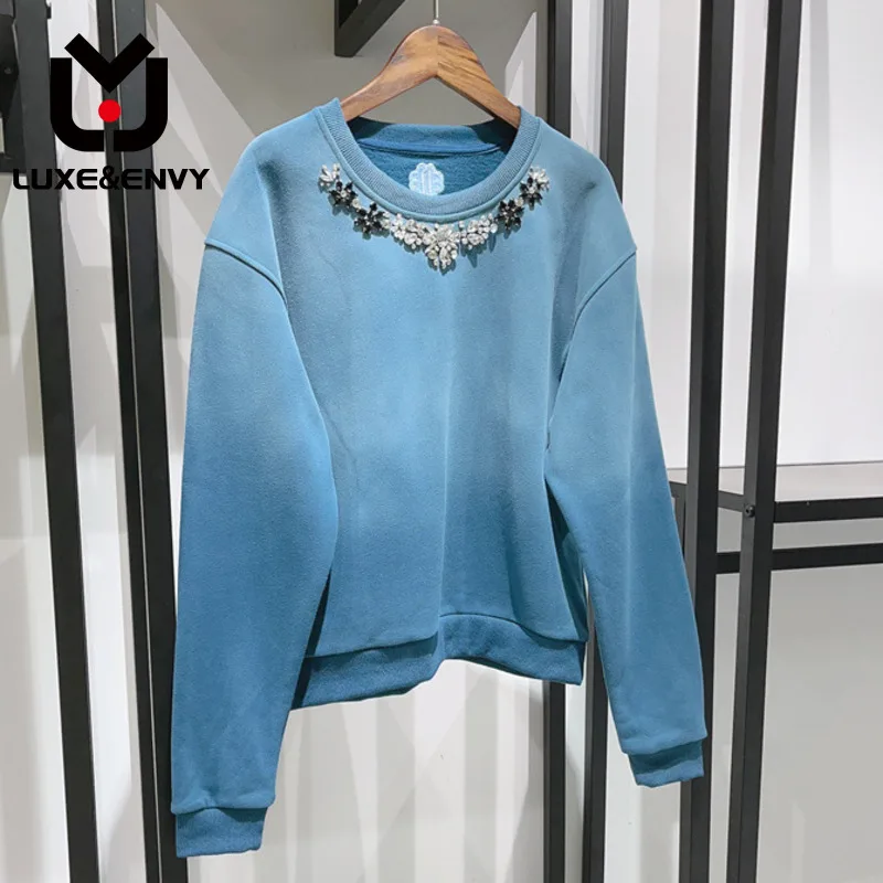 

Повседневный свободный свитер люкс & ENVY fkale, синий свитер с длинным рукавом и круглым вырезом и 3d-градиентом из страз, осень 2023