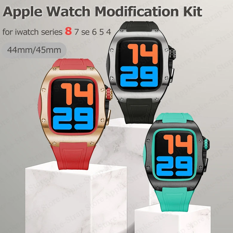 

Luxury Metal Case for Apple Watch Band 8 7 45mm Modification KIT Fluororubber Strap Steel Bezel for Iwatch Series 6 SE 5 4 44mm