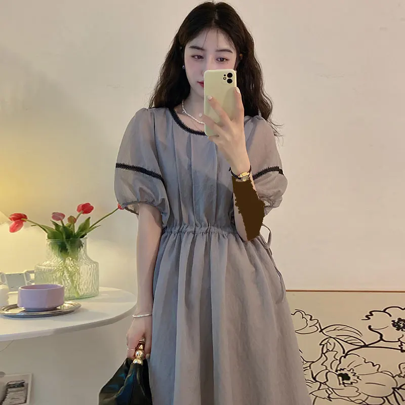 

Clothland Women Elegant Solid Lace Patchwork Vestido Drawstring Sashes Short Sleeve High Waist Casual Midi Vestidos DA342