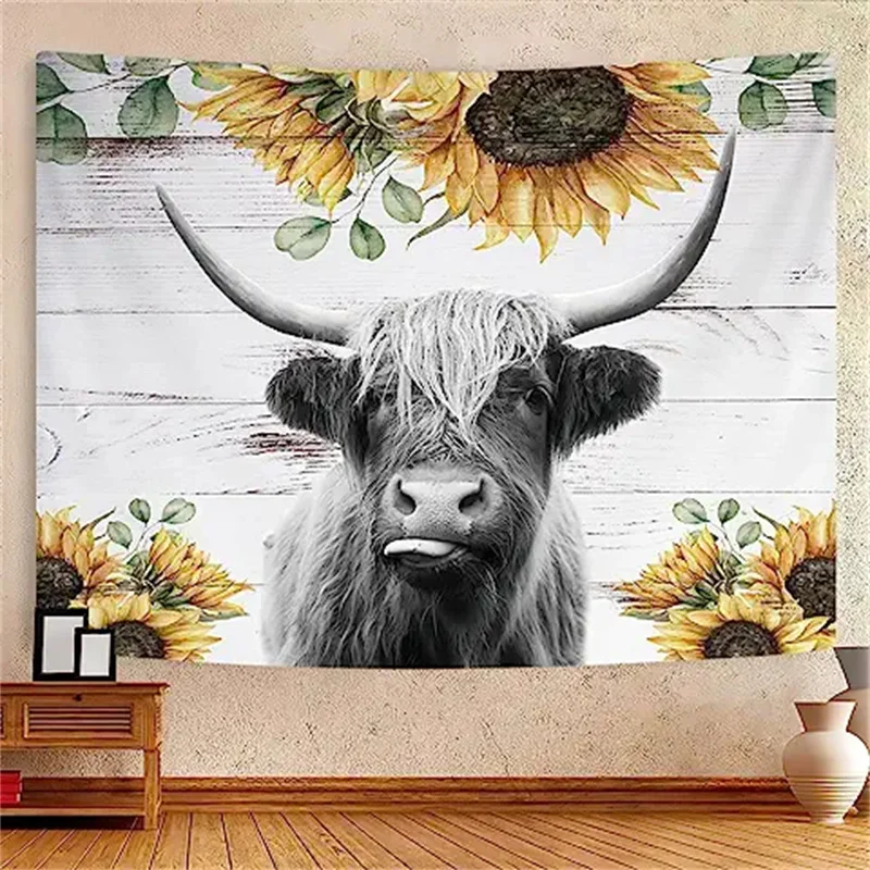 

Highland Cow Tapestry Funny Rustic Farmhouse Cattle Bull Farm Animal with Sunflower Rustic Wooden Wall Hanging Decor Room Dorm