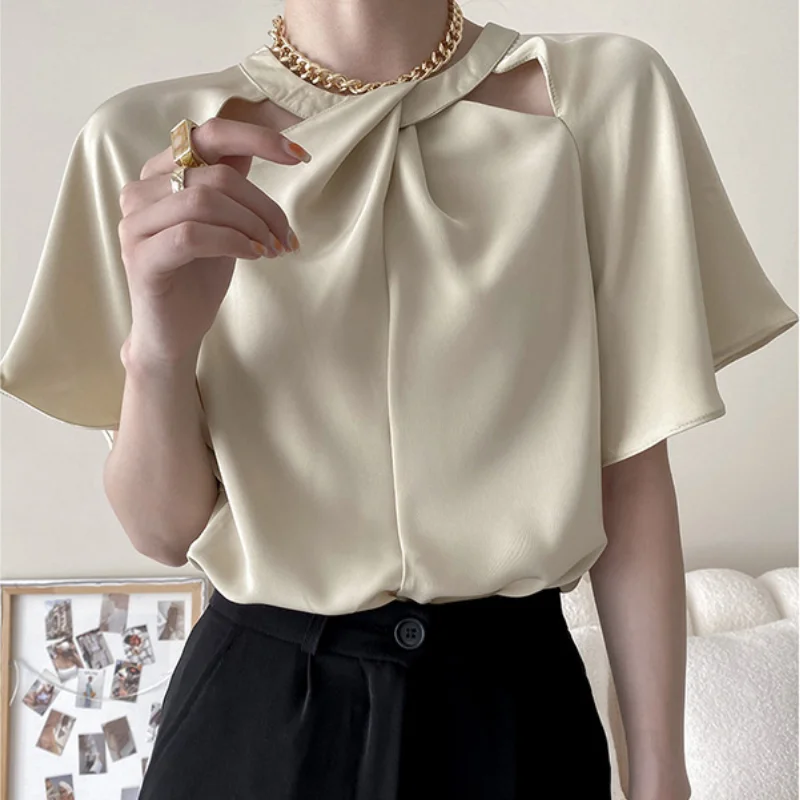 Fashion Chic Irregular O-Bow Tie Hollow Design Womens Top Simple Pure Color Butterfly Sleeve T-shirt Summer Office Lady Elegant