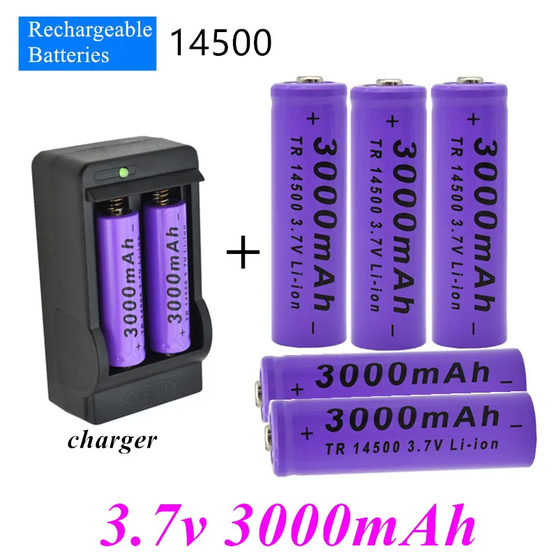

Batería de litio 14500, 3,7 V, 3000mAh, recargable, puede soldar hoja de níquel, batería para linterna LED, juguete + cargador