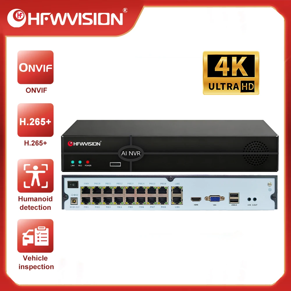 Фото HFWVISION 4K POE NVR 16-канальный видеорегистратор с выходом HDMI VGA, аудиовыходом, H265, Onvif, AI, IP, для систем видеонаблюдения CCTV №1