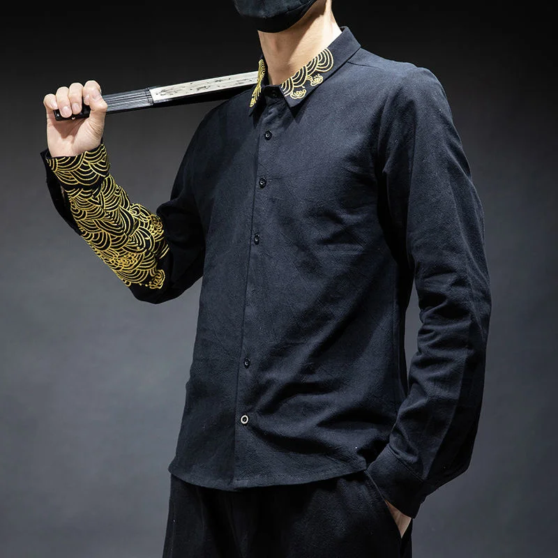 

Рубашка MRGB мужская с вышивкой в китайском стиле, Повседневная блуза оверсайз, черная уличная одежда, свободная рубашка из 100% хлопка, весна-л...