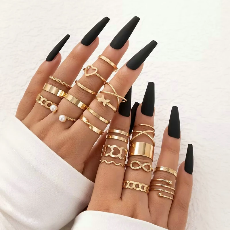 

23pcs/Set Bohemia Hollow Heart Geometric Ring Set Boho Snake Butterfly Pearl Zircon Rings Gold Color Women Girl Fashion Jewelry