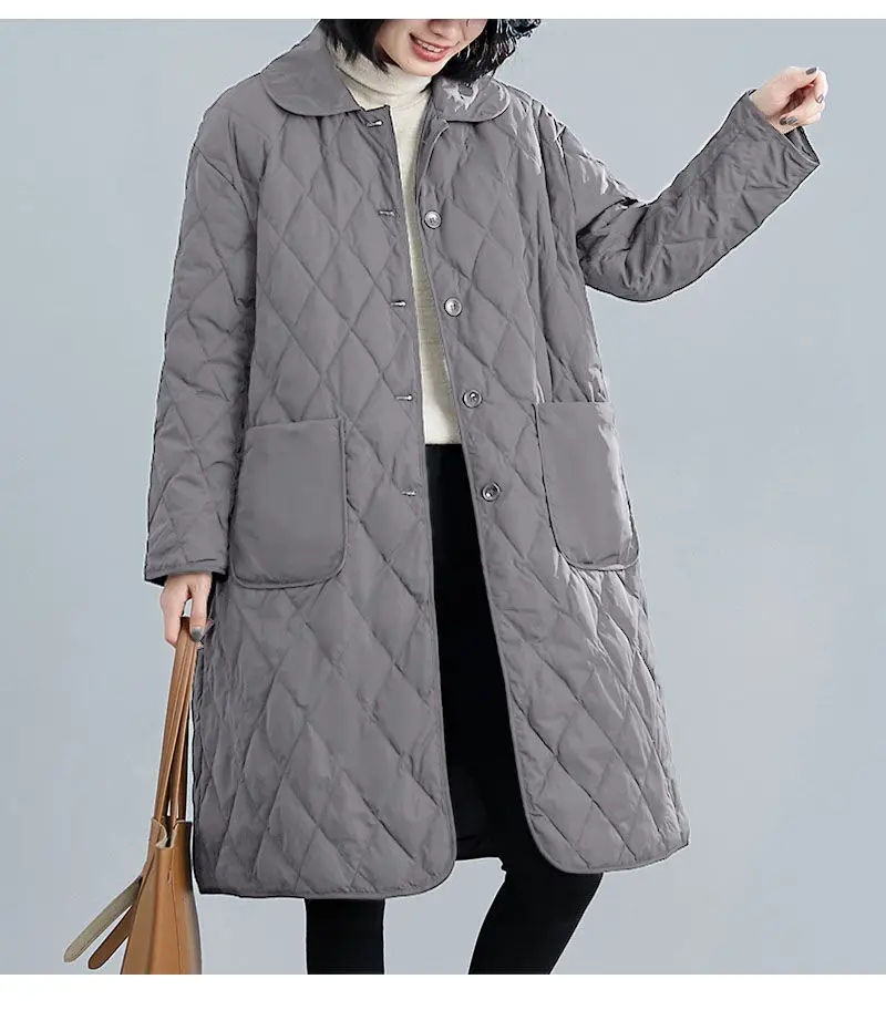 Down Padded Jacket Women's Winter New Large Size Padded Jacket Fat Mm Loose and Thin Rhombus Temperament Mid-length Coat Women