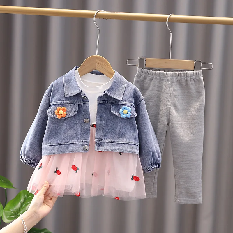 

Children Clothing Suit Toddler Girl Denim jacket+dress+leggings 2Pcs Set Fashion New Autumn Winter Outfit Kids Girls Sweet Suit