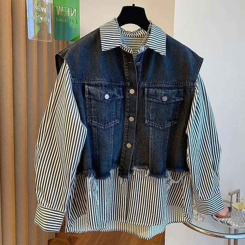 Женская рубашка из денима свободная блузка двух предметов большие размеры 4XL