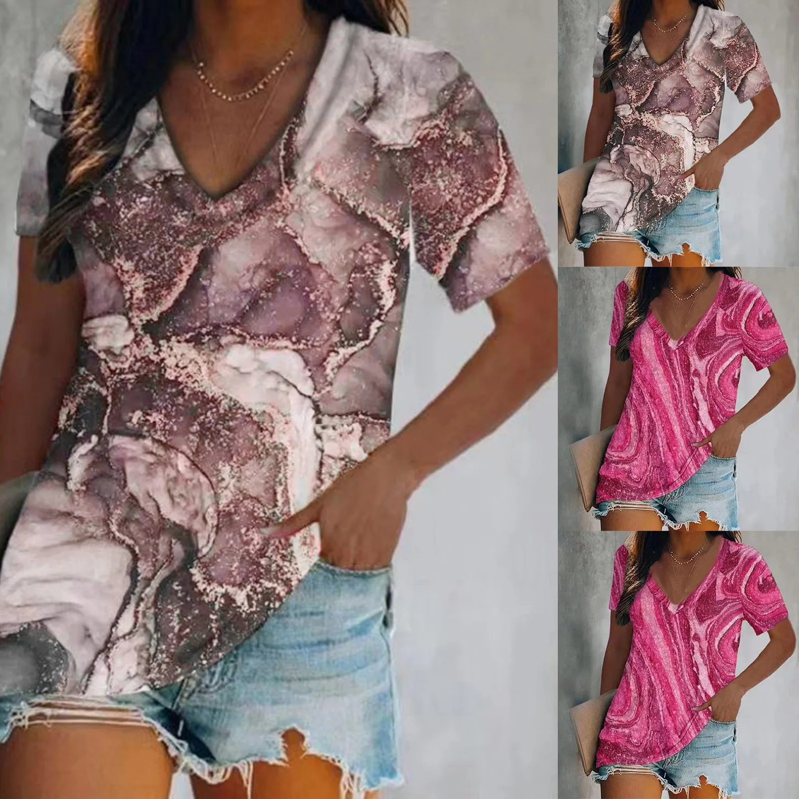 

Женская футболка с коротким рукавом, V-образным вырезом и принтом