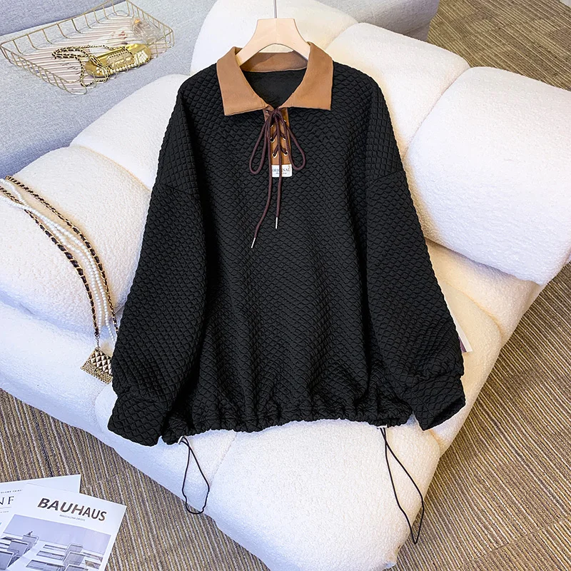 

SuperAen Fashion Drawstring Diamond Plaid Top Large Artistic Color Contrast Lapel Collar Pullover Long Sleeve Sweatshirt