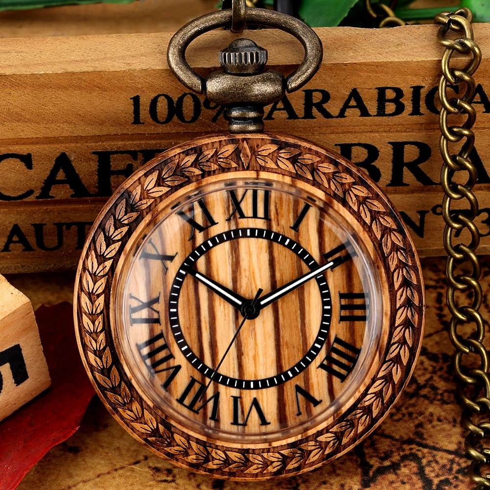 Men Vintage Quartz Pocket Watch Pendant Ebony Wooden Gifts for Men Women Roman Numeral Fob Watch Analog Clock Relógio De Bolso