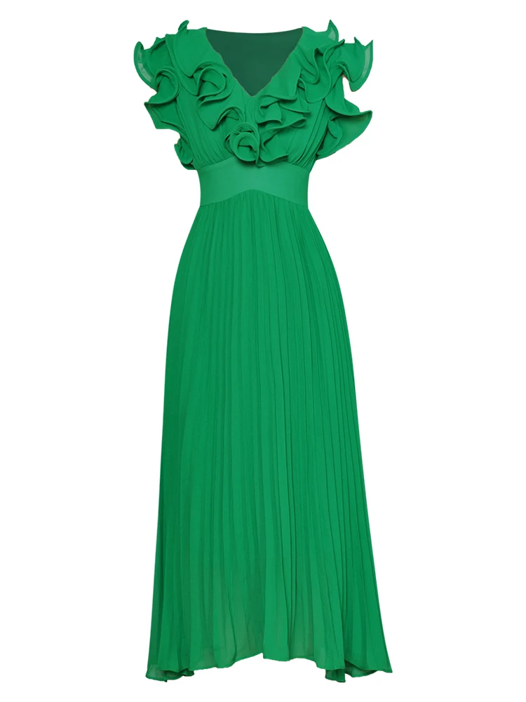 

New Designer Summer High Quality Women's Vintage Elegant Chic Casual Party Office Vacation V-neck Ruffles Trendy Green Dresses
