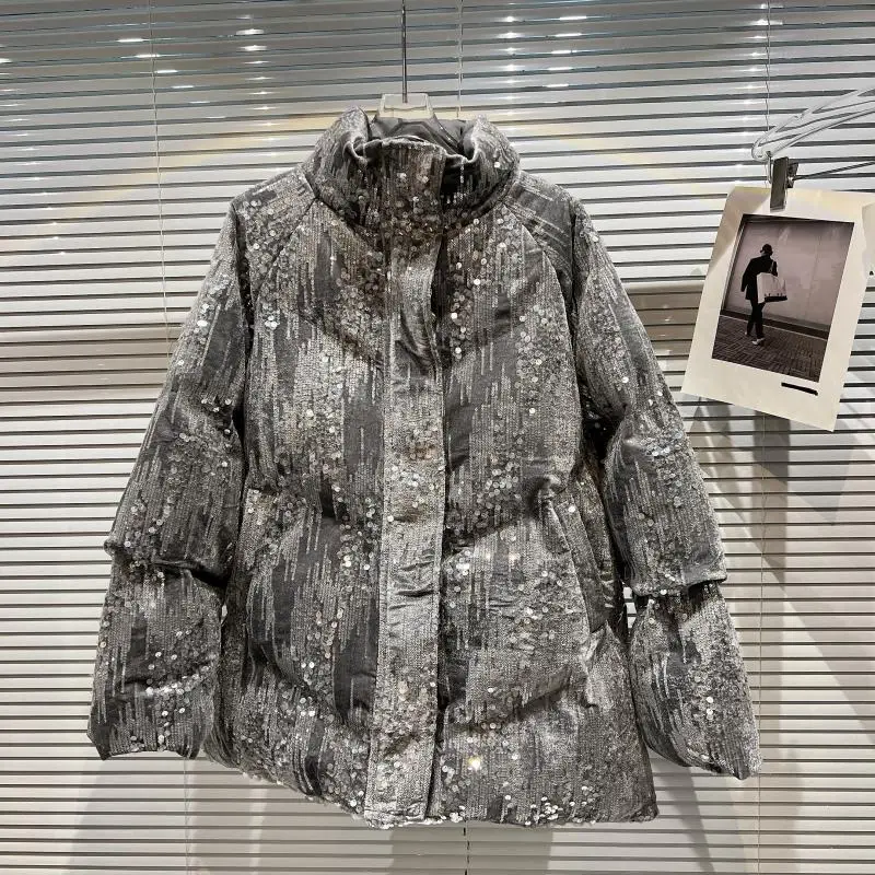 Fashion Sequins Warm-Keeping Cotton Coat for Ladies 2022 Winter New Versatile Stand Collar Long Sleeve Loose Jacket Women's