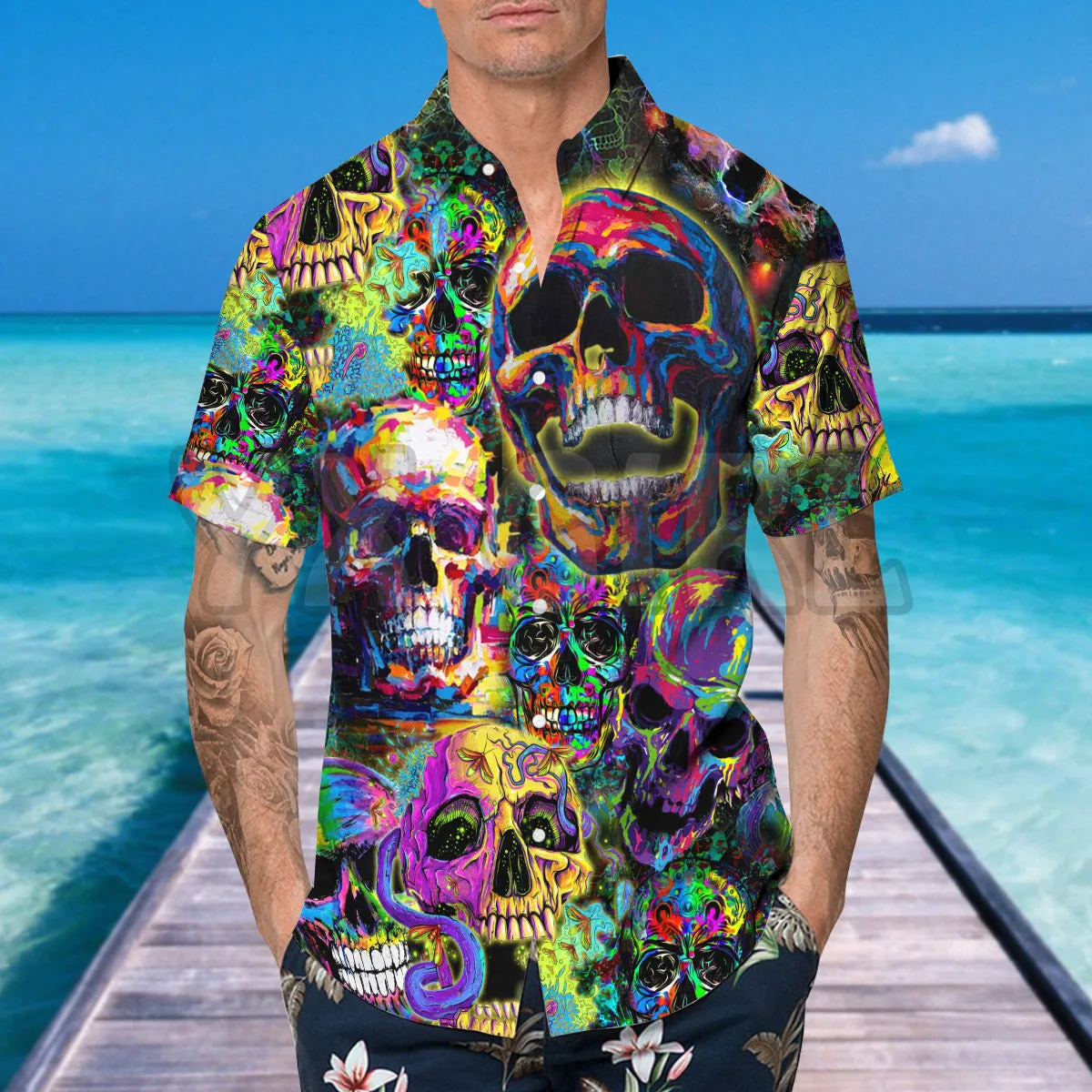 Blue Beach With Coconut Skull 3D All Over Printed Hawaiian Shirt Men's For Women's Harajuku Casual Shirt Unisex
