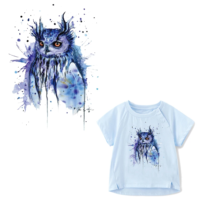 

DIY Iron on Patches for T-shirt Thermal Press Watercolor Owl Iron-On Heat Transfers Cartoon Ironing Stickers Stripe on Clothes