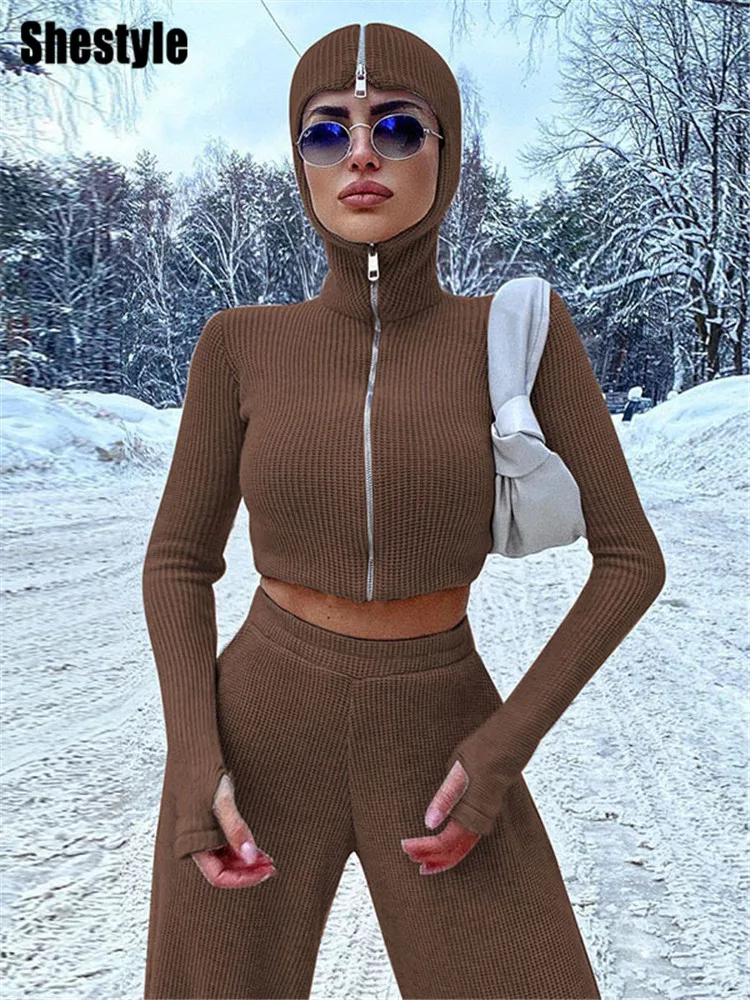

Shestyle Waffle Material T-Shirt Hooded Zip Up Face Mask Crop Tops Texture Turtleneck Full Sleeve Streetwear Slim with Hat 2022