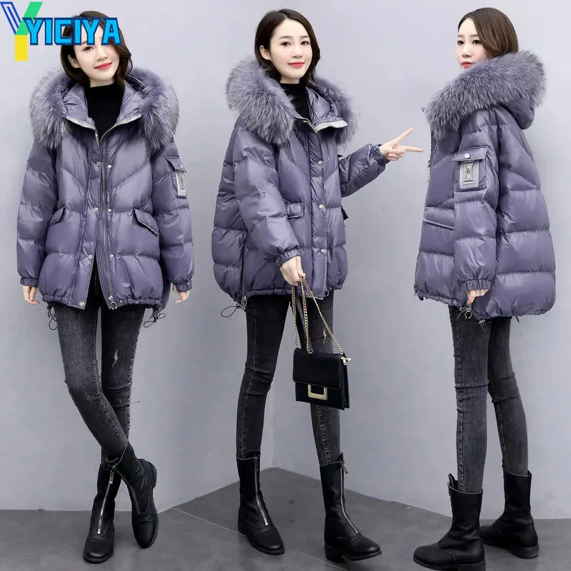 YICIYA Winter Jackets 2023 Woman Big Fur Collar Hooded Parkas Coats Pockets Zippers Women's Jacket Streetwear Thick Warm Parkas