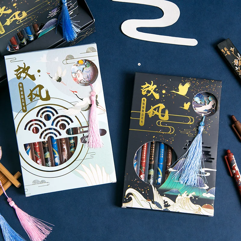 

6pcs/set 0.5mm Chinese Retro Gel Pen Set Quick-drying Signature Pen for Student Exams Black Antique Signature Office Stationery