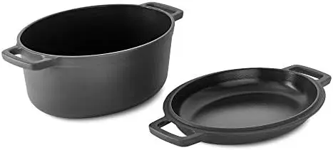 

by 6 Qt Nonstick Cast Iron Double Dutch Oven, Oval Pot with 2-in-1 Skillet Lid, Black