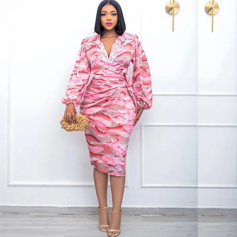 

African Dresses for Women Summer African Women Polyester Printing V-neck Pink Green Knee-length Dress African Print Dresses