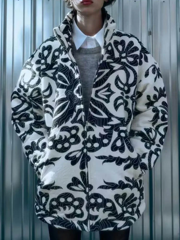 

Женские зимние парки 2023, куртки, пальто, винтажный принт, пуховая хлопковая куртка на молнии, свободная женская элегантная уличная парка, верхняя одежда