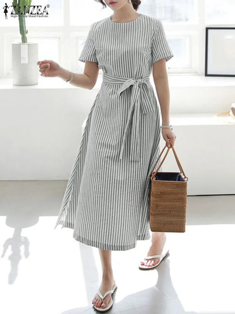 

Платье ZANZEA женское в богемном стиле, модный офисный сарафан средней длины с принтом в полоску, с коротким рукавом и круглым вырезом, на лето