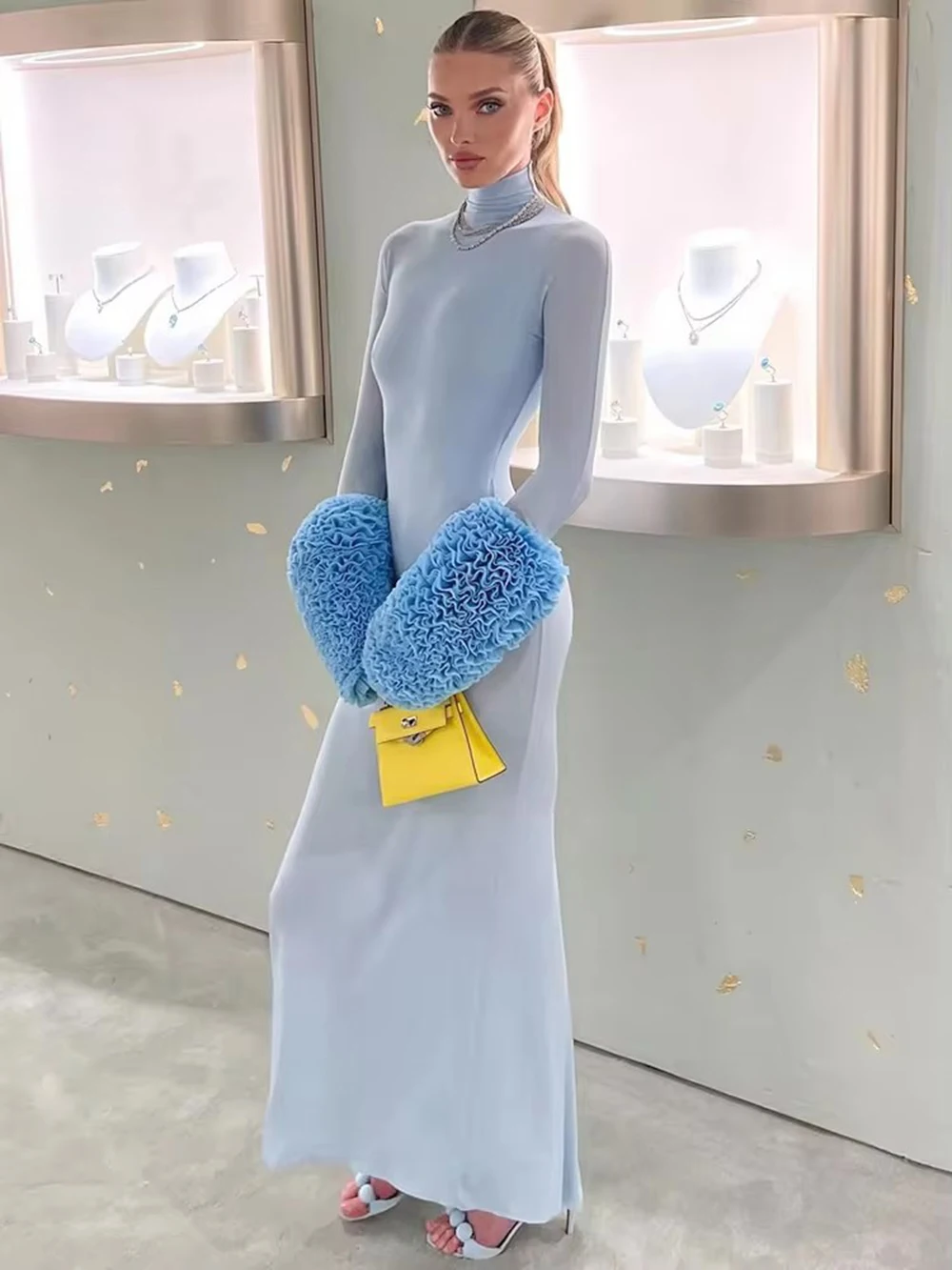 Modphy водолазка пуловер прозрачное платье макси женское элегантное облегающее