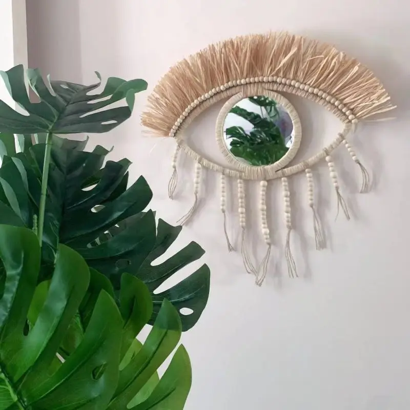

INS Moroccan Wood Bead Straw Woven Devil's Eye Demon Mirror Wall Ornaments Background Room Decoration Homestay Home Decor Crafts