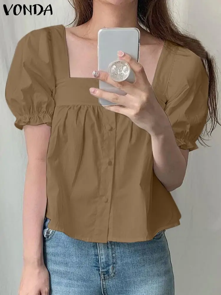 

Fashion Blouse VONDA 2023 Women Summer Tops Short Sleeve Sexy Square Collar Solid Color Shirts Casual Loose Ruffled Blusas Femme